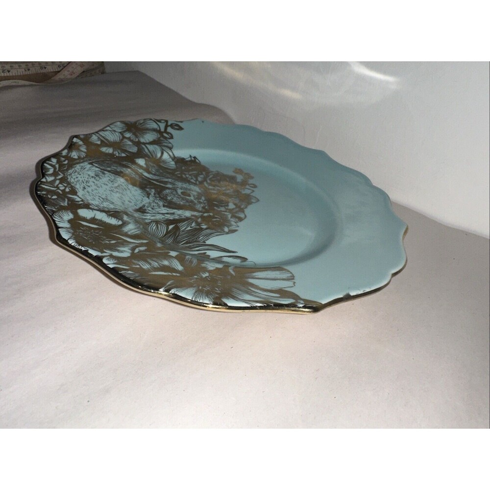 222 FIFTH GARDEN PLAYTIME BUNNY GOLD & TURQUOISE 8.5" Salad Plate - Picture 5 of 9